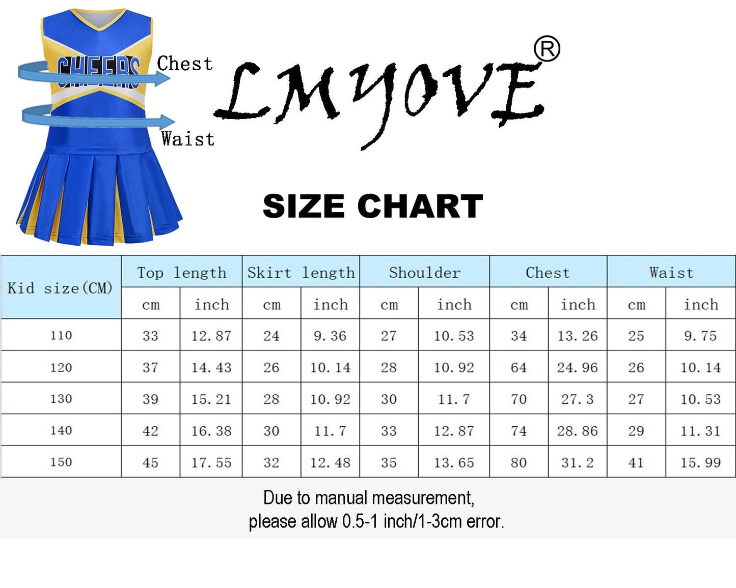 LMYOVE Cheerleader Costume for Girls, Cheerleading Outfit for Kids with Pom Pom, Child Halloween Costume Dress Uniform, Blue & Y