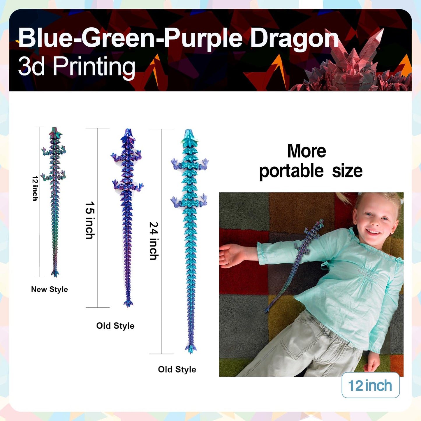 Meet Gladness 12 in 3D Printed Dragon, 12inch Dragon,3D Dragon Toy,Large Dragon Present,Ariculated Crystal Dragon (Blue Blue Pur