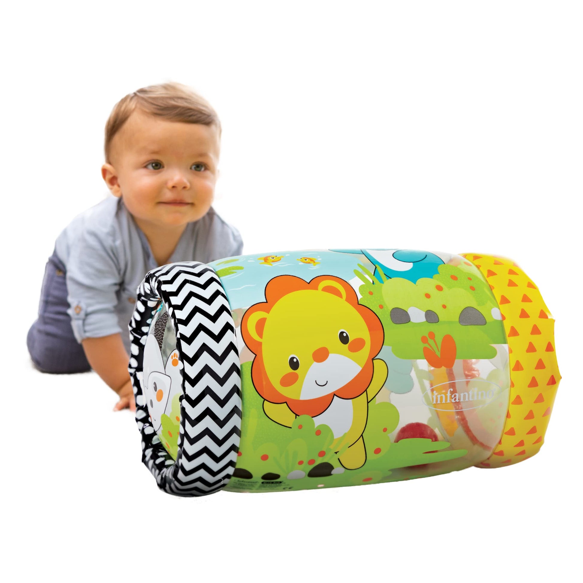 Infantino Jungle Peek & Roll - Encourages Crawling, Inflatable Activity Toy With Bouncing Balls Inside, Fun & Friendly Animal Characters, Helps Gross Motor Skill Development, For Babies 6M+