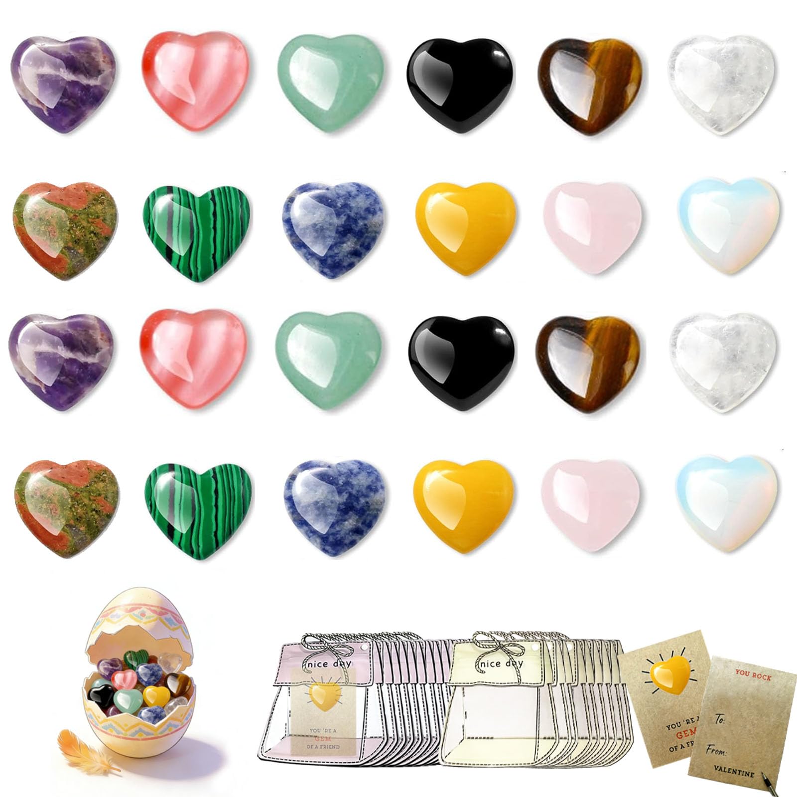24Pcs Easter Egg Filler Easter Basket Stuffers for Teens Toddler, Heart Gems, Natural Crystal Heart Stones Party Favors Classroo