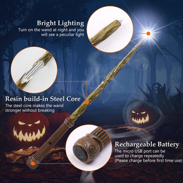 Champwe Light Up Magic Wizard Wand Rechargeable Illuminating Toy For Kids Witch Collection Cosplay Accessories With Spellbook And Gift Box (Leaf)