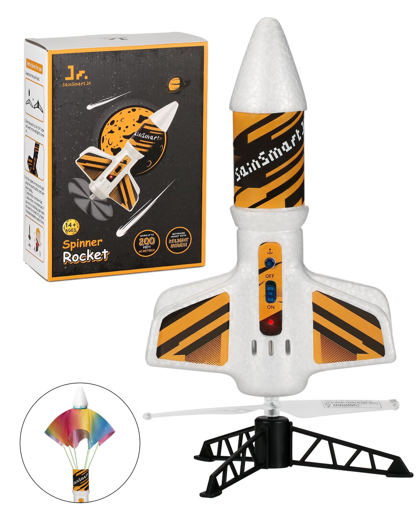SainSmart Jr. Motorized Rocket Launcher - Air Rocket Toy, 200 ft Range, Parachute, White, 5"L x 10"H