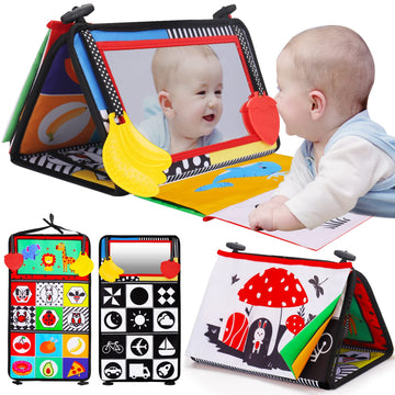 Tummy Time Baby Mirror Infant Toys Newborn 0 3 Months Brain Development With Crinkle Cloth Book Teether Black And White High Contrast Baby Toys 2 4 5 0-6 Month Boys Girls Sensory Activity Shower Gift