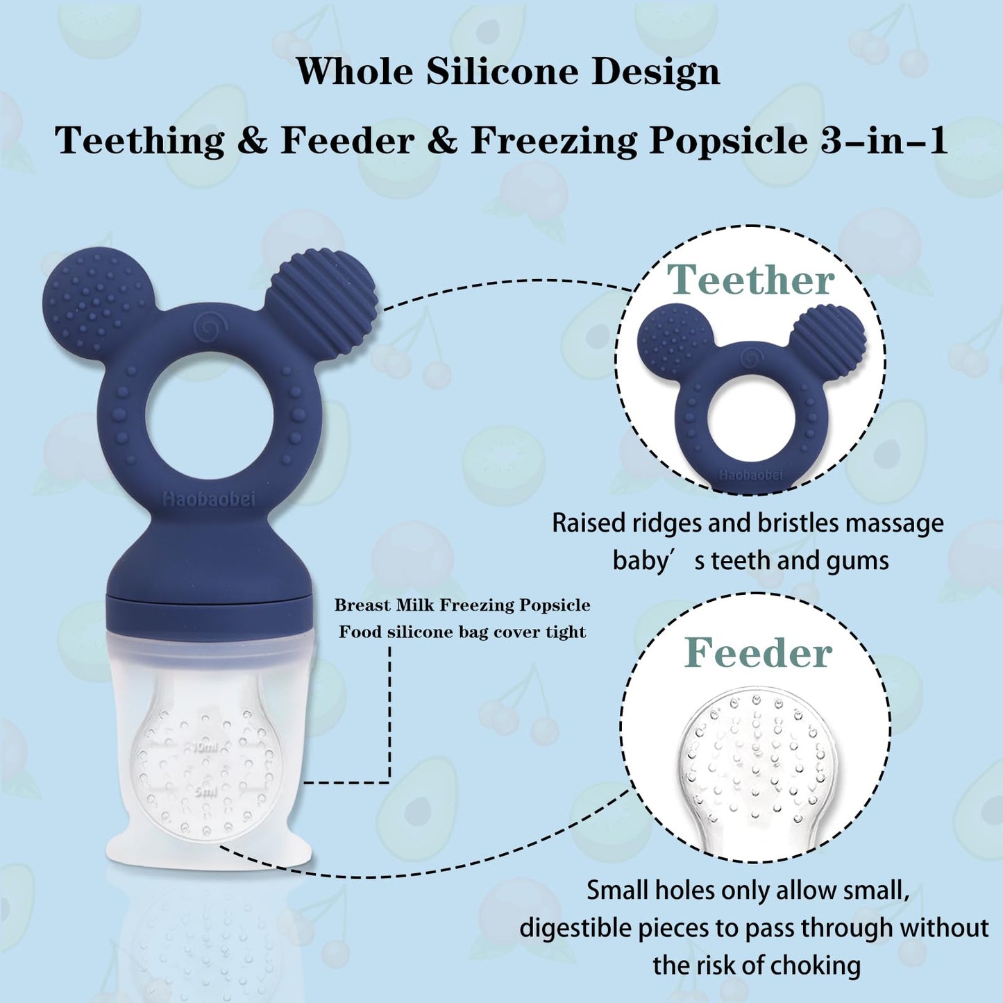 Haobaobei Baby Fruit Feeder, Frozen Teething Toys, Teether Pacifier With 3 Extra Teats, Infant Eating Essentials, Bpa Free Baby
