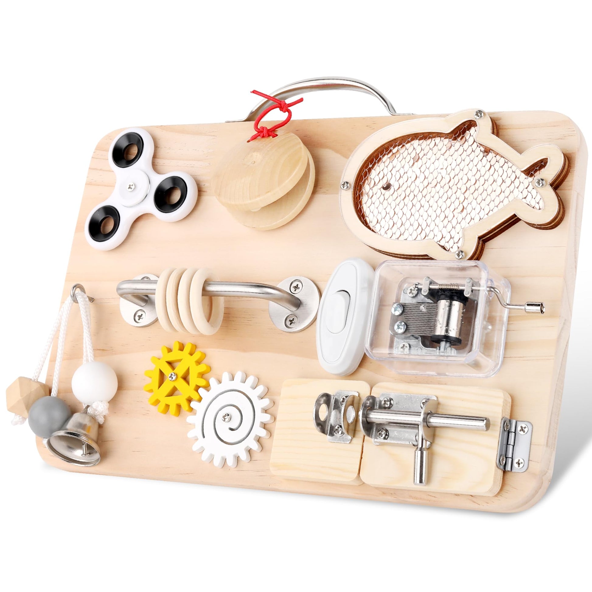 Pithfor Wooden Busy Board For Toddlers, Montessori Sensory Toys For 1 2 3 4 Year Old, Autism Sensory Toys For Kids Boys Girls, F