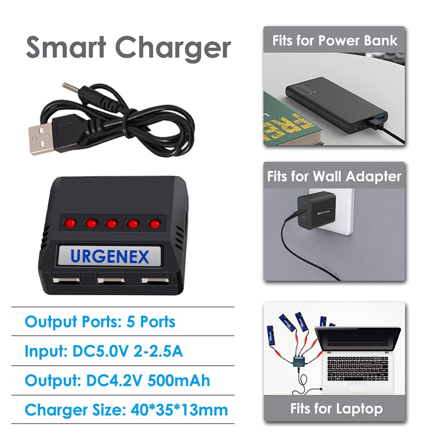 URGENEX 3.7v Lipo Battery 600mAh with JST Plug 1S Li-Po Battery with X5 Battery Charger for UDI U817 U817A V959 V222 V929 RC Dro