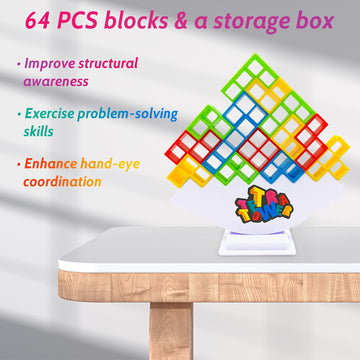 Lemren Tetra Stack Tower Attack Game - 64 Pcs With Storage Box Team Tower Game For Kids & Adults, Family Party Game Board Games