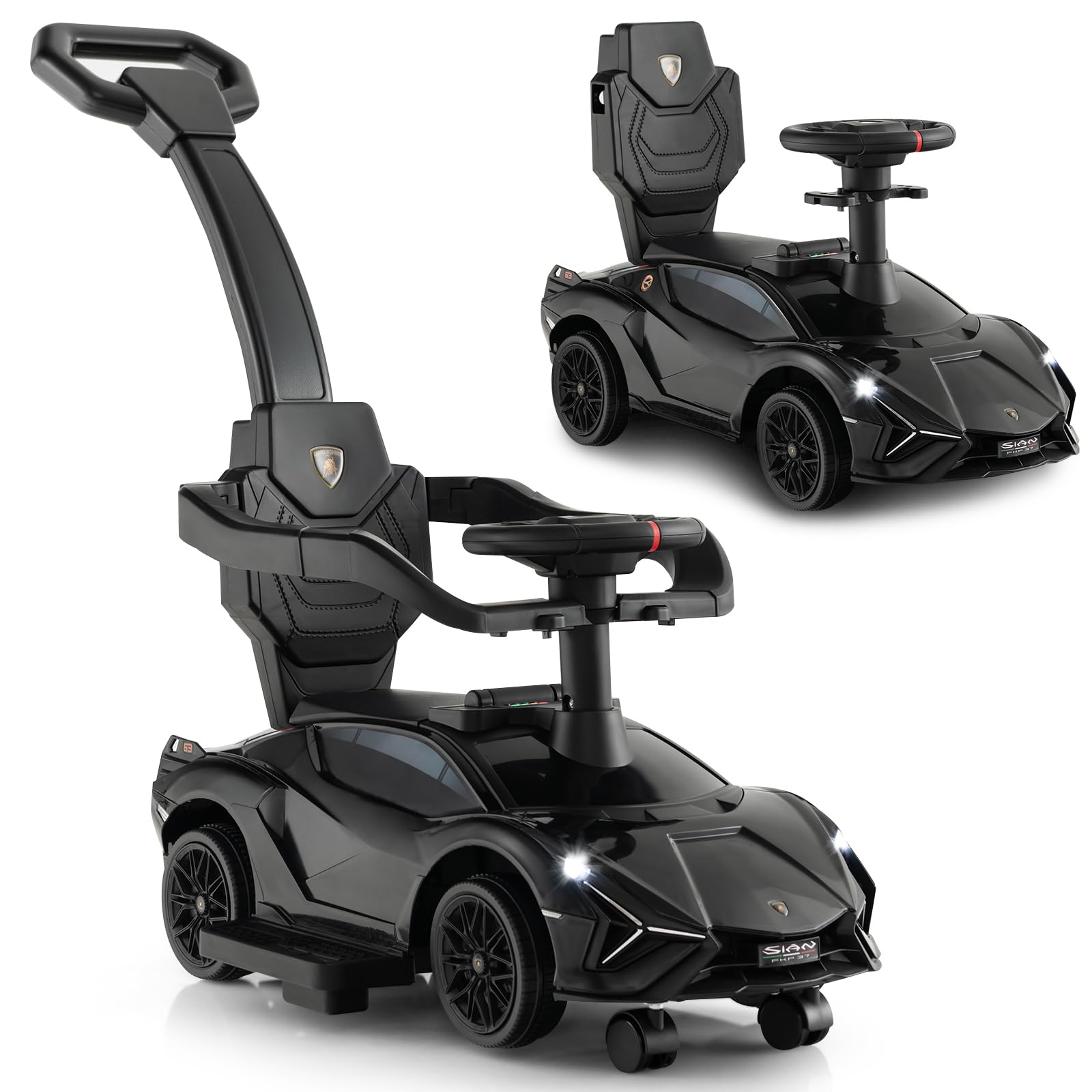 Infans 3 In 1 Ride On Push Car, Licensed Lamborghini Baby Stroller Sliding Walking Car With Push Handle, Music, Usb, Headlight, Under Seat Storage, Kids Foot-To-Floor Toy For 18-60 Months (Black)