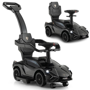Infans 3 In 1 Ride On Push Car, Licensed Lamborghini Baby Stroller Sliding Walking Car With Push Handle, Music, Usb, Headlight, Under Seat Storage, Kids Foot-To-Floor Toy For 18-60 Months (Black)
