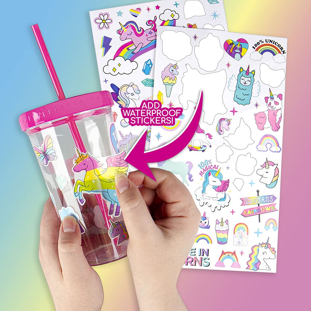Fashion Angels Rainbow Unicorn Tumbler Design Kit - 100 Waterproof Stickers - BPA Free - Customizable - 16oz - Ages 8+ - Model 12634