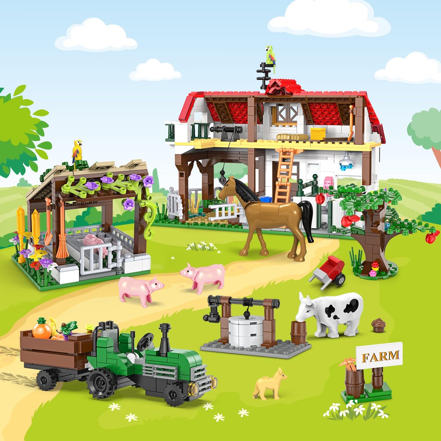 Hogokids Farm House Building Toy For Girls Boys - 852 Pcs Valentine'S Day City Farm Animals Building Block Set With Horse Tractor Farm Tools | Creative Easter Gift For Kids Ages 6 7 8 9 10 11 12+