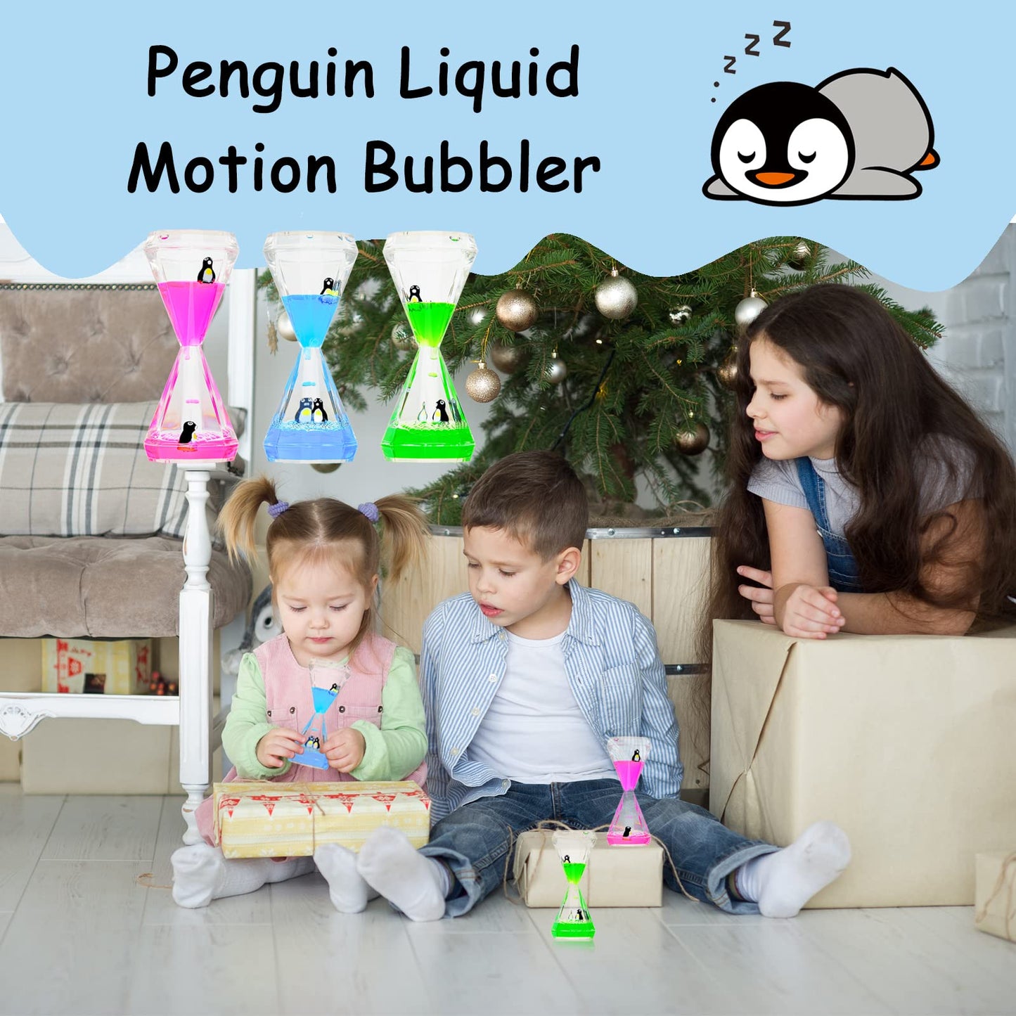 CAILINK Liquid Motion Bubbler 3 Pack Diamond Shaped Penguin Liquid Timer for Sensory Play Fidget Toy Stress Management for Kids and mature-themeds Colorful Calming Relaxing Hourglass