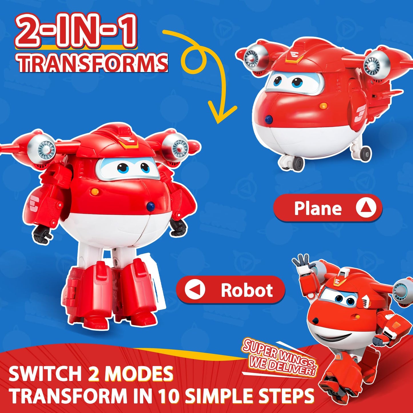 Super Wings Transformer Toys 5" Action Figure Jett - Red, 2-in-1 Rescue Bot, Educational Toy for Kids Ages 3+, Model US740283