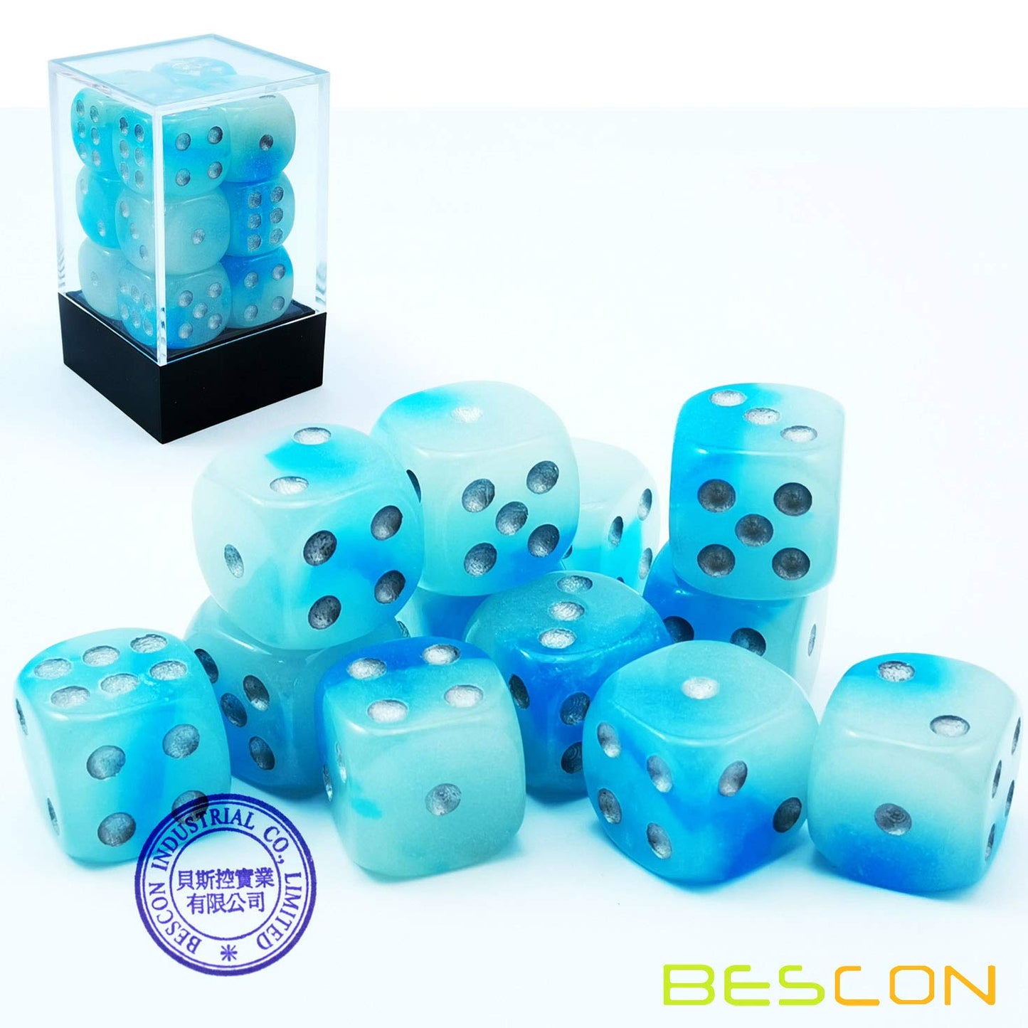 Bescon Two Tone Glowing Dice D6 16mm 12pcs Set of ICY Rocks, 16mm Six Sided Die (12) Block of Glowing Dice