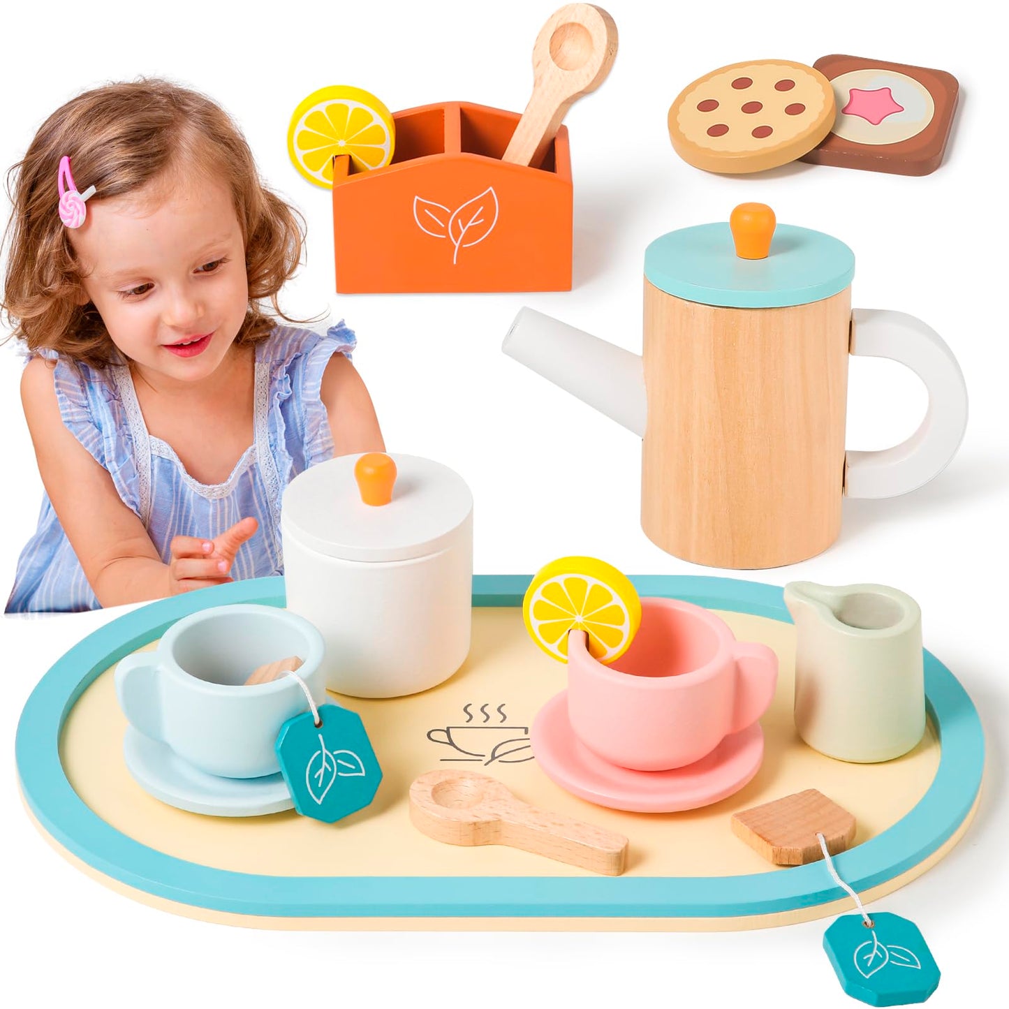 KMUYSL Wooden Toys for Kids, Wood Tea Set Pretend Toys for Little Girls, Tea Party Set Kids Kitchen Accessories Toy, Christmas B