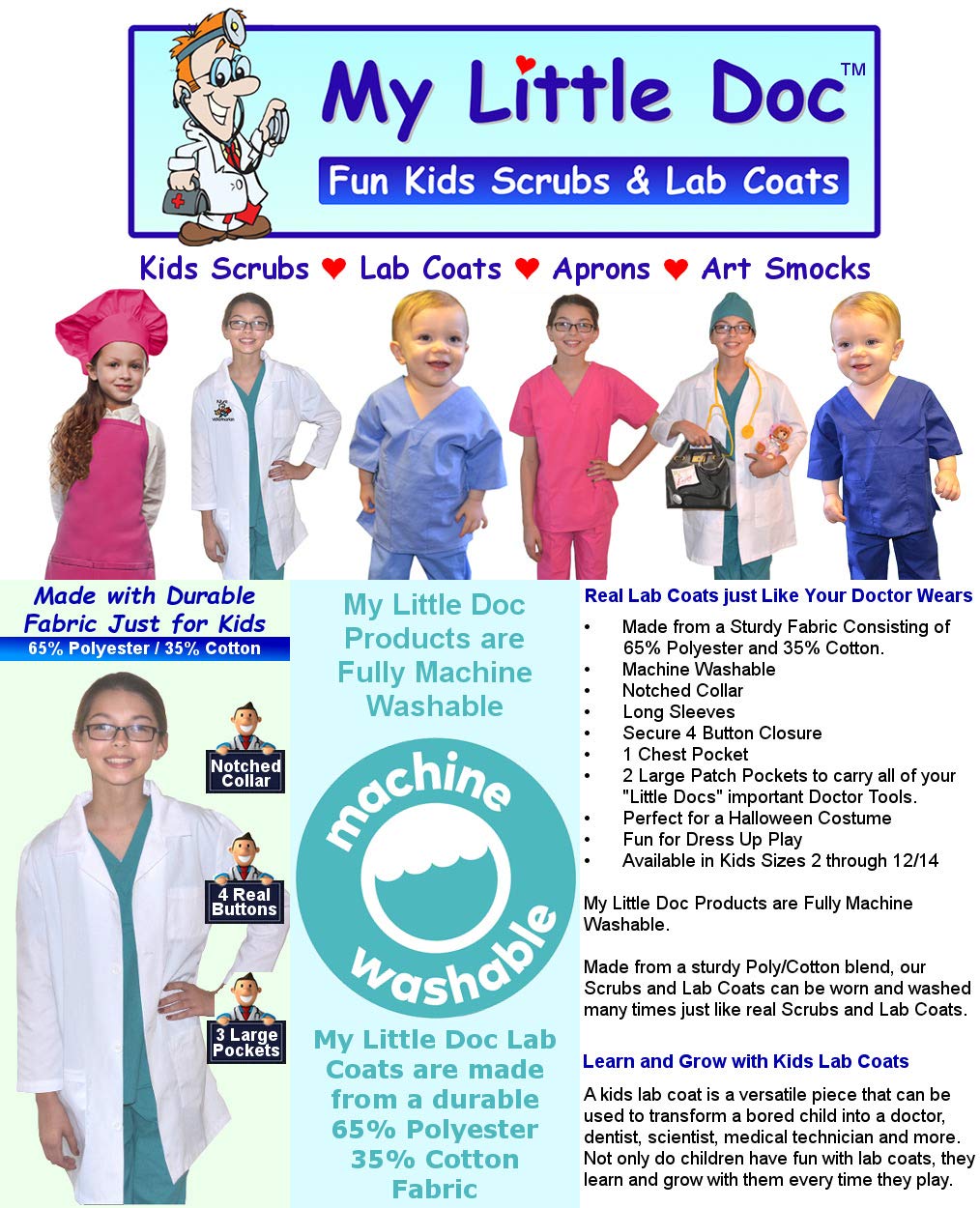 My Little Doc Personalized Kids Lab Coat with Slime Design Costume Size 12/14 White