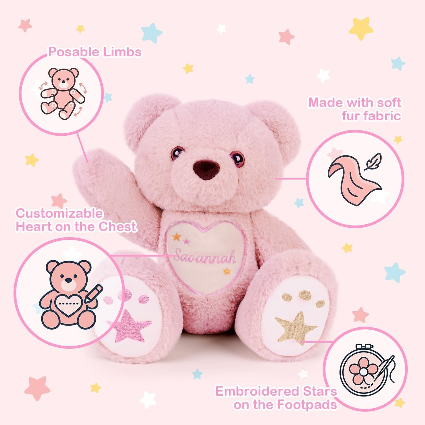 Customizedbee Custom Starlight Teddy Bear 14 in - Personalized Plush with Embroidered Name & Stars, Soft Huggable Toy with Posea