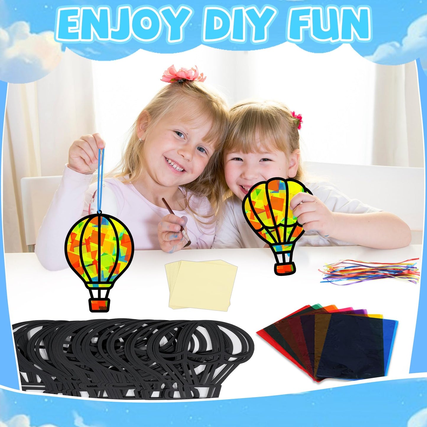 QOUBAI 32 Sets Air Balloons Suncatchers Craft Kit DIY Window Stained Glass Effect Hot Air Balloons VBS Paper Craft Home School C