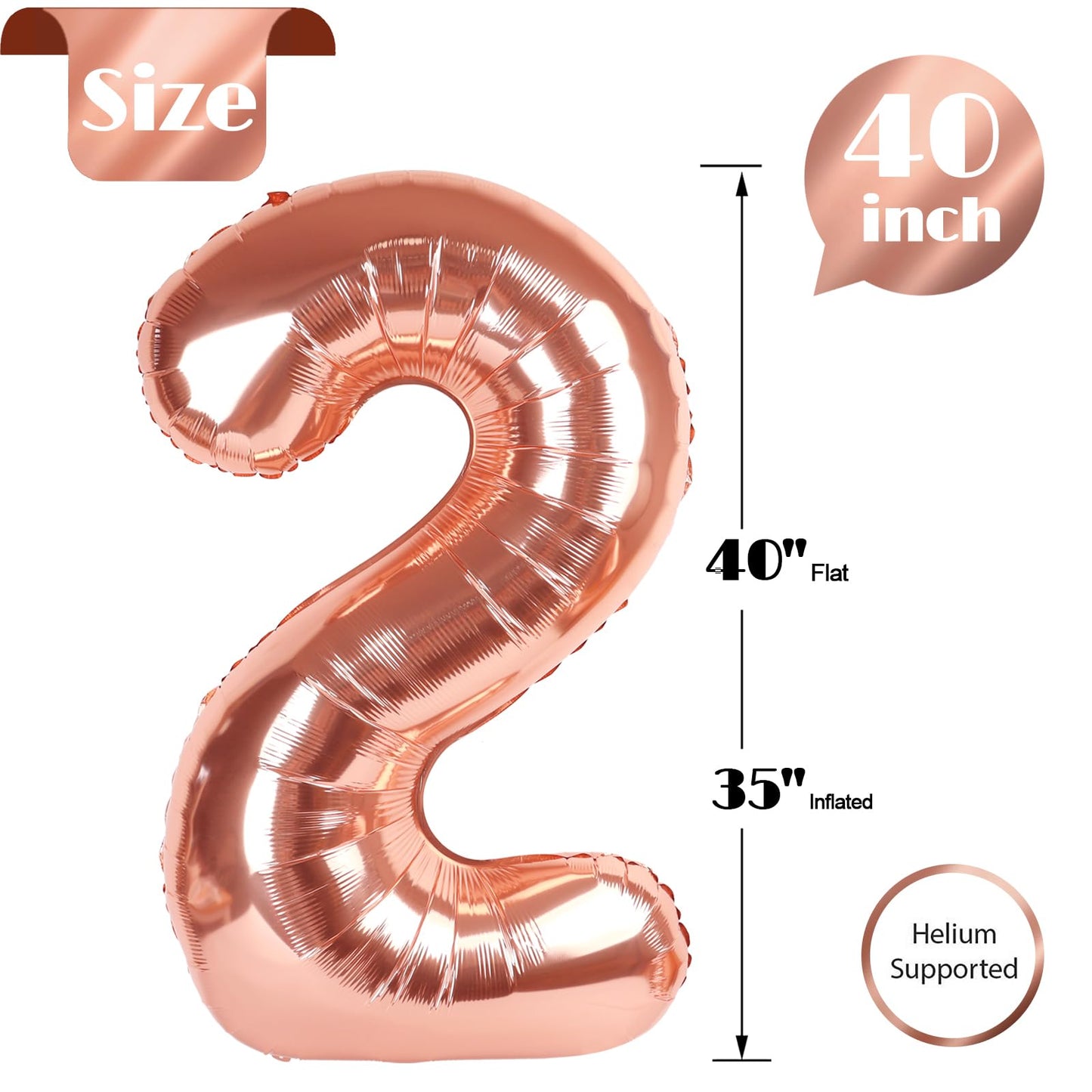 Rose Gold Number 2 Balloon 40 Inch, 2 Balloon Number, 2Nd Birthday Decorations For Baby Girls Boys Toddlers