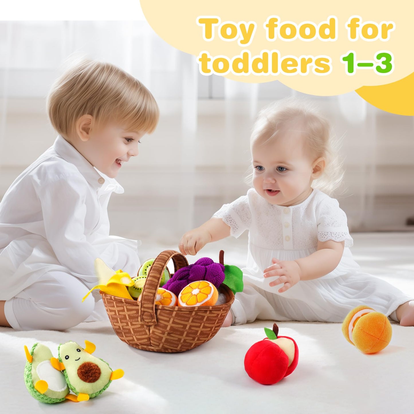 Play Food for Toddler 1-3 Year Old, Fruit Basket Plush Toy Sets, Montessori Pretend Food Kitchen Sensory Toys for Kids 18 Months