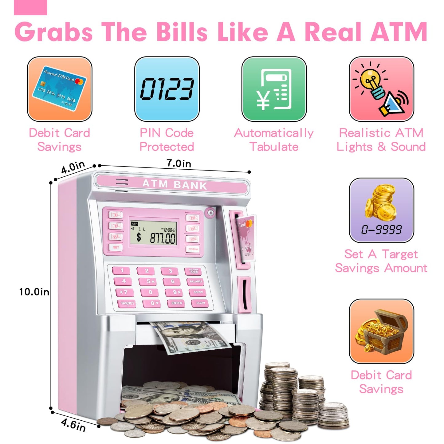 Baodlon Pink Piggy Bank For Kids, Atm Machine Bank For Real Money With Debit Card, Bill Feeder, Coin Recognition, Balance Calculator, Electronic Savings Safe Box, Cool Stuff Toys Gifts For Teen Girl