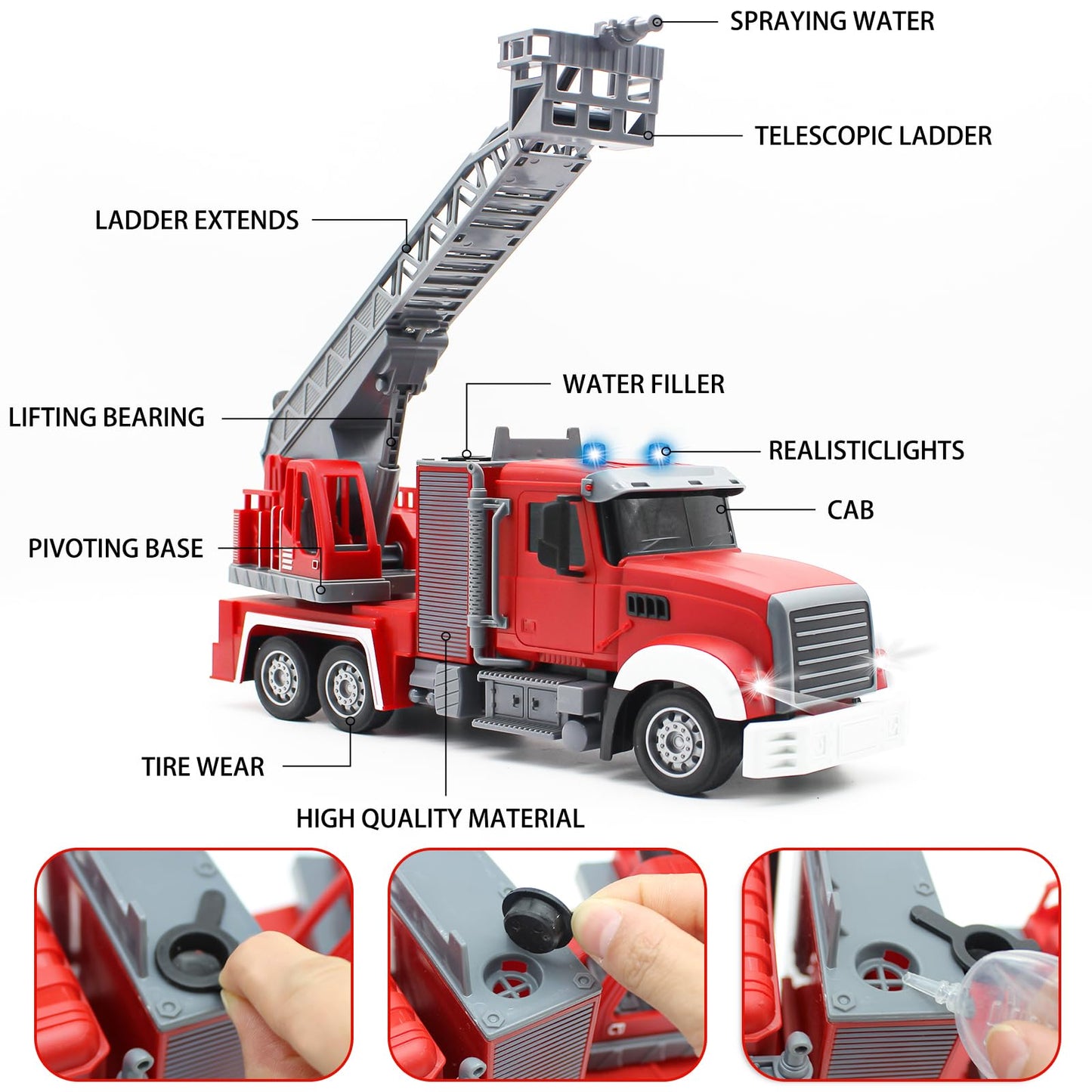 QuirkyGlee 9 CH Remote Control Fire Truck, Rc Fire Truck Toy, Fire Truck with Lights Working Water Pump and Rotating Rescue Ladd