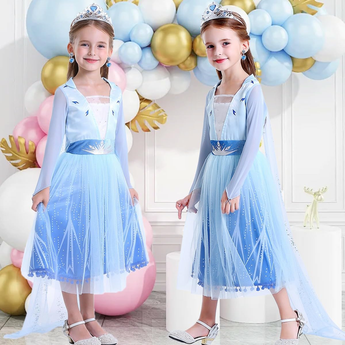 Luzlen Girls Princess Costume Kids Queen Halloween Cosplay Party Blue Dress With Accessories, 3-4 Years(Label 110)