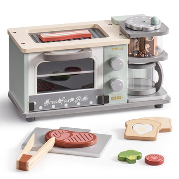 ROBUD Toddler Kitchen Playset - Wooden Breakfast Set with Coffee Maker, Toaster, Griddle, Play Food - Realistic Pretend Play App