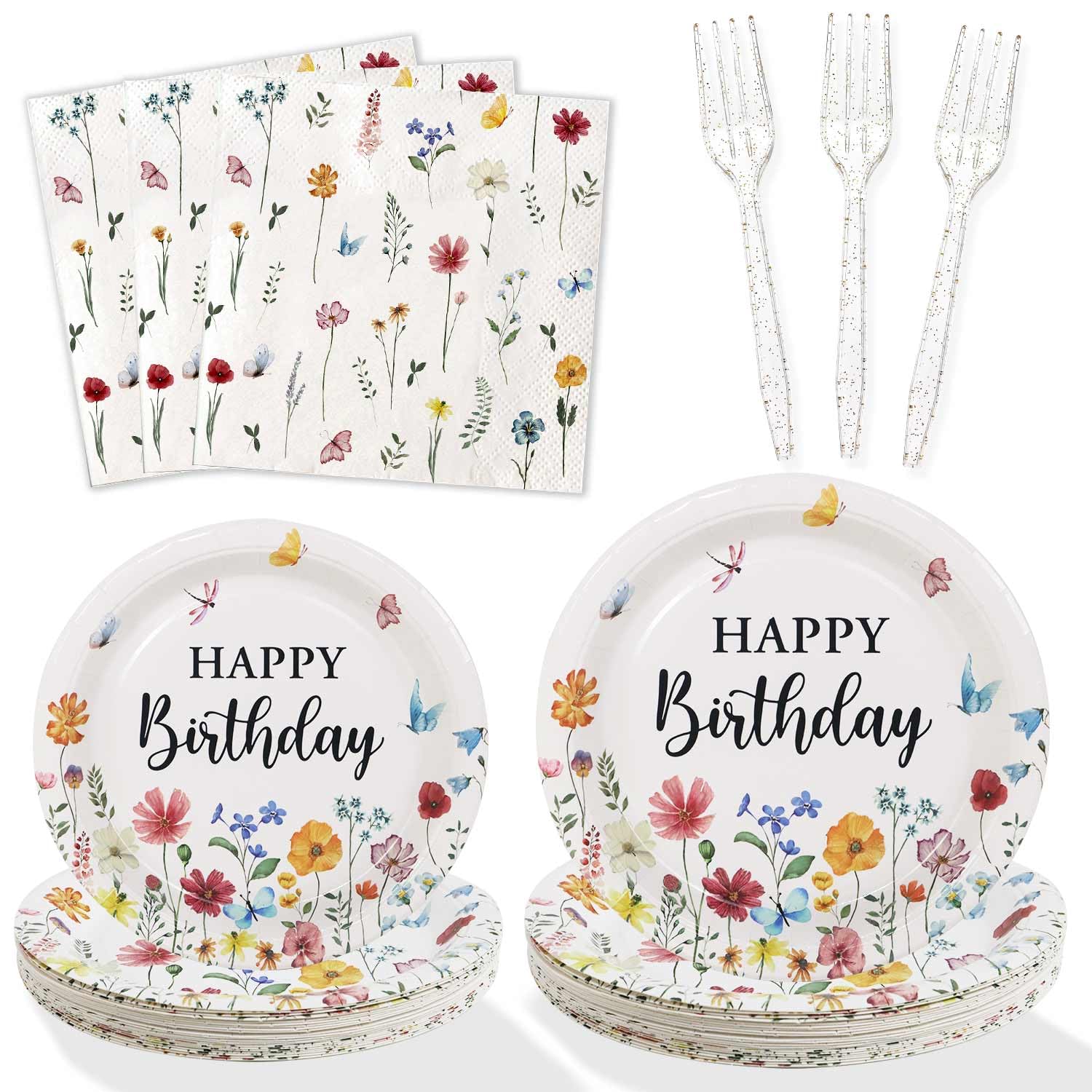 Lopeastar 100Pcs Wildflower Party Decorations Plates Set, Floral Paper Plates Napkins and Forks Flower Birthday Decorations for 