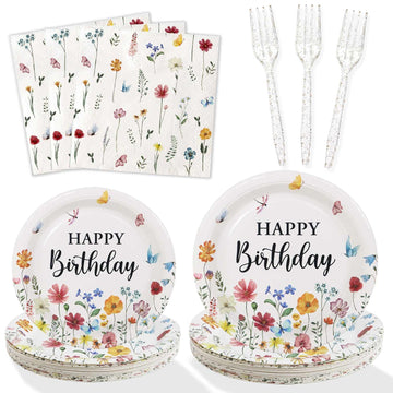 Lopeastar 100Pcs Wildflower Party Decorations Plates Set, Floral Paper Plates Napkins and Forks Flower Birthday Decorations for 