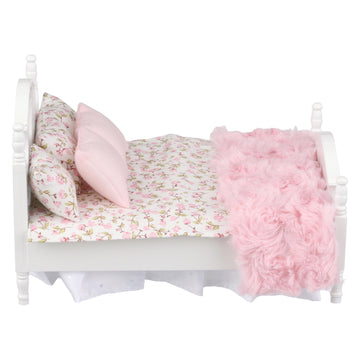 Dollhouse Furniture Mini Bed Set, Realistic Bedroom Accessories For 6 Inch Dolls, Pillow, Wooden Frame, 1/12 Scale (White Bed, Pink Bedding)