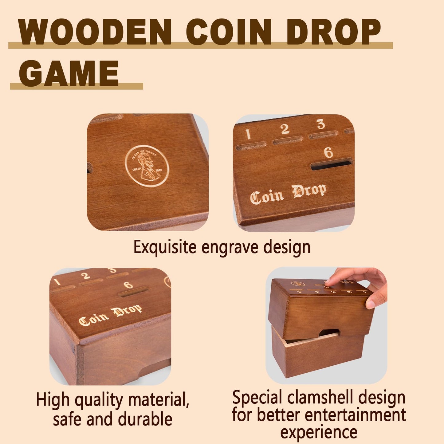 Wooden Coin Drop Game,Penny Game,Penny Coin Game,Contains 50 Coins,Game Box And 1 Dice,A Drop Penny Wooden Box Game To Interact