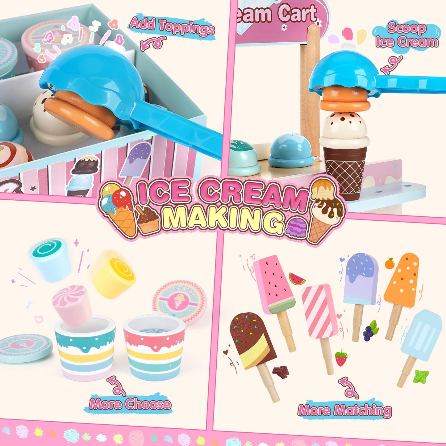 Dreamon Wooden Ice Cream Toys For Kids Toddlers, 48 Pcs Ice Cream Cart Play Kitchen Accessories With Menu, Pretend Money, Wooden