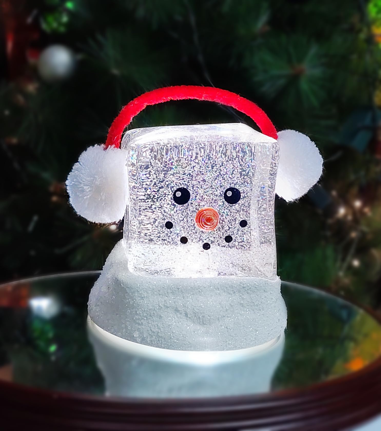 MOMENTS IN TIME 6.9H Acrylic Ice Cube Snowman - LED Lights, Water Spinning Glitter, Battery Operated