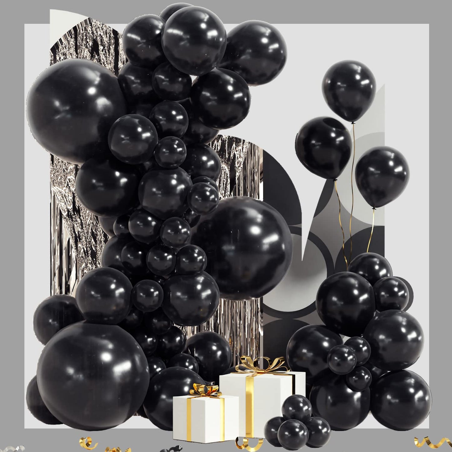 Black Balloon Garland Arch Kit 100 Pack 18/12/10/5 Inch Black Latex Balloons Different Sizes Party Balloon For Halloween Christm