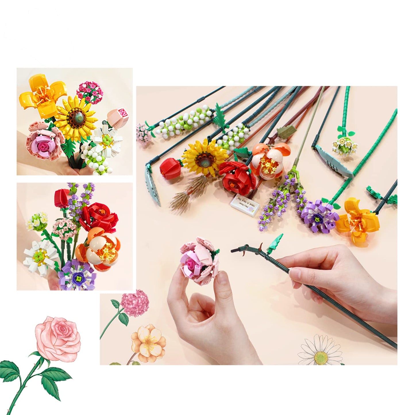 MEIEST Mini Building Blocks Flower Bouquet Plant Model Set Creative DIY Artificial Flowers Botanical Collection Construction Bricks Toy for Kids mature-themed Eternal Home Decor (Energy) (1658)