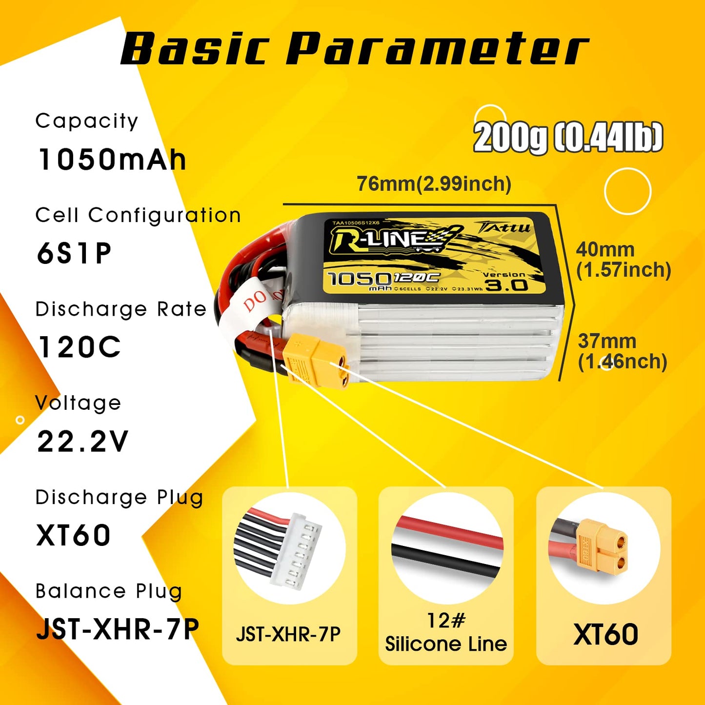 TATTU 6S Lipo Battery R-Line Version 3.0 1050mAh 22.2V 120C 6S1P Lipo Battery Pack with XT60 Plug