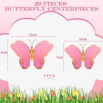 Wettarn 20 Pcs Butterfly Centerpieces For Tables Butterfly Party Decorations 3D Golden Butterfly Table Toppers Centerpiece For Girl Party Birthday Baby Shower (Pink,12 X 9 In,10 X 7 In)