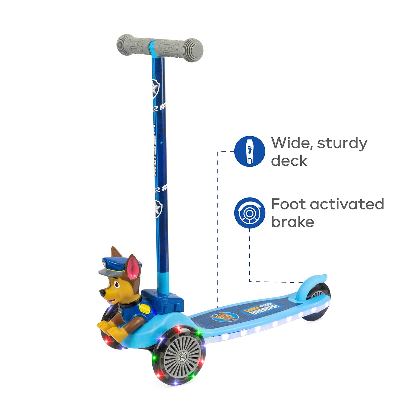 VOYAGER Paw Patrol Chase Kick Scooter - 3 Wheeled Light Up, Anti-Slip Deck, Rear Brake, Lean to Steer, for Kids 3+, 75 LB Limit
