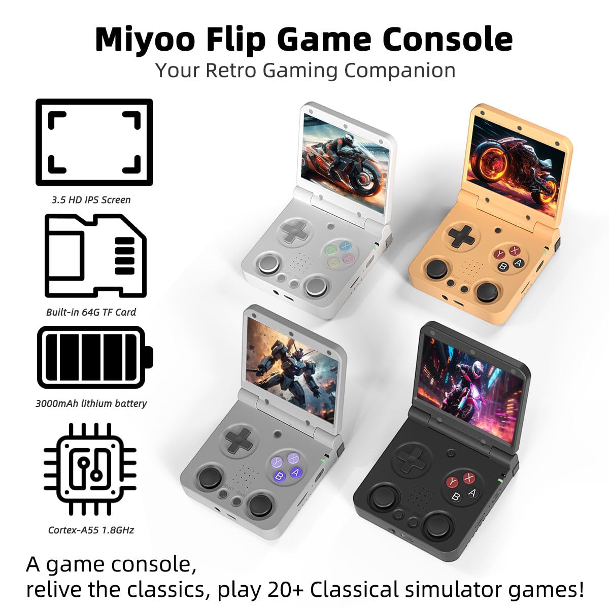 Miyoo Flip V2 Retro Game Console,3.5 Inch Ips Classic System And 3000Mah Battery Retro Video Games Consoles,With 64G Tf Card And