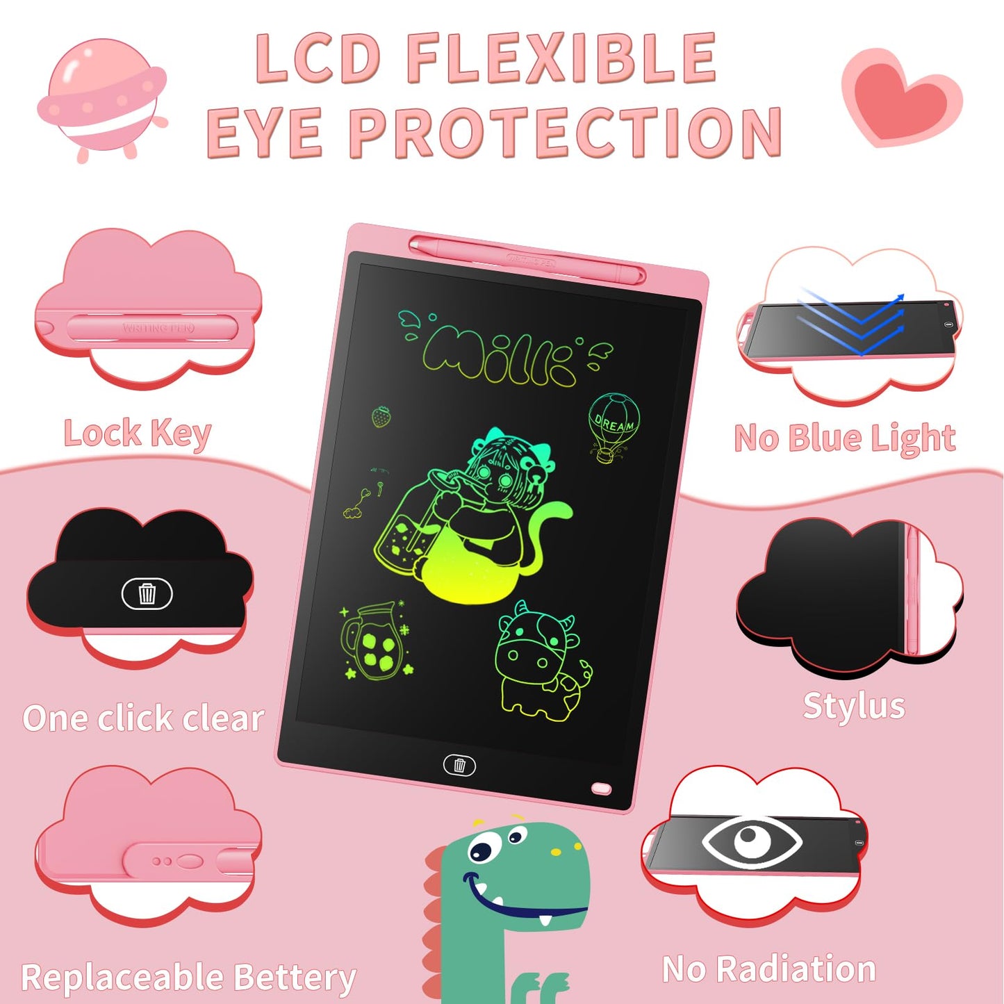 Genialba LCD Writing Board 16 Inches, Colourful Electronic Tablet, Portable Erasable Drawing Board, Graphic Tablet for Children