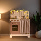 ROBOTIME Kids Play Kitchen Set - Rustic Wooden Kitchen Sets, Pretend Play Kitchen with Leaf Light String, Apron, and Groves, for