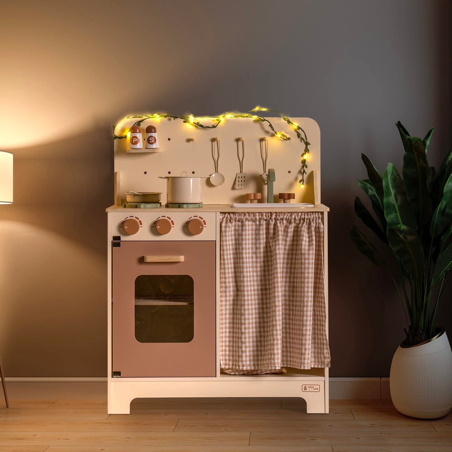 ROBOTIME Kids Play Kitchen Set - Rustic Wooden Kitchen Sets, Pretend Play Kitchen with Leaf Light String, Apron, and Groves, for