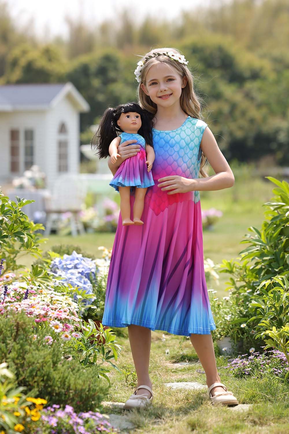 Bow Dream Girl Dress and Matching American Girl Doll Clothes Accessories Rainbow Mermaid Unicorn Size 120
