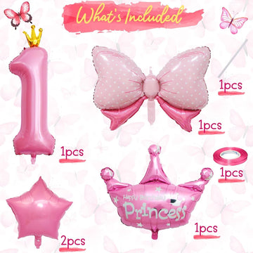 1St Birthday Decorations For Girls, Pink 1St Birthday Balloon Set With 40 Inch Pink Number 1, Large Helium Foil Mylar Crown Balloon, Pink Bow Foil Balloons For Baby Girl Daughter First Birthday Party