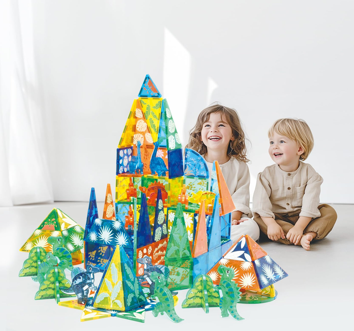 Megagontiles 106 Pcs Dinosaur Magnetic Tiles Set | Magnet Building Blocks Dino World Toys | Stem Authenticated| Magnet Tiles Animals For Toddlers Boys Girls Kids Age 3 4 5 6 7 8