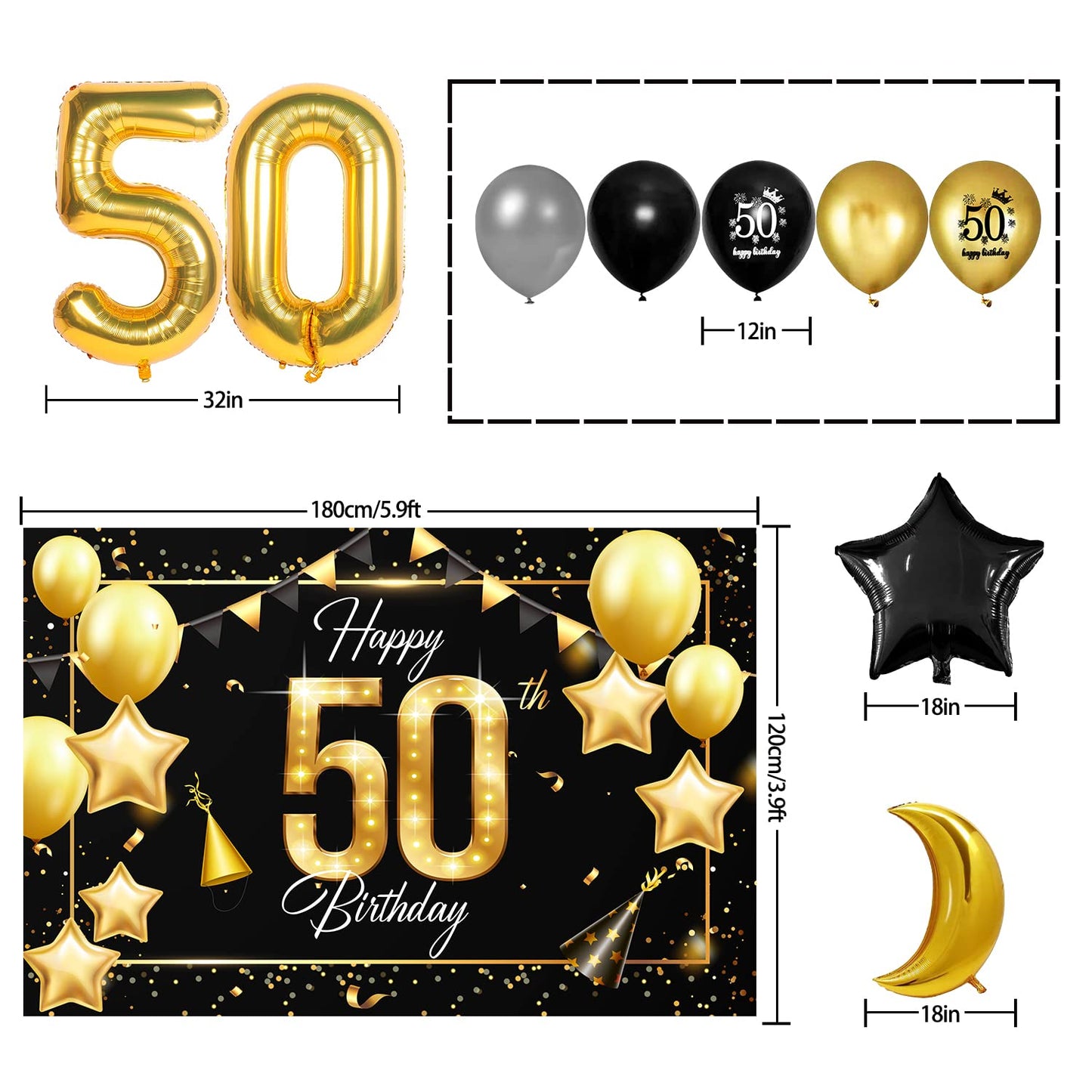 Happy 50Th Birthday Balloons Gold Set Decor - Cheers To 50 Years Old Party Theme Garland Star Moon Banner Backdrop Decorations F