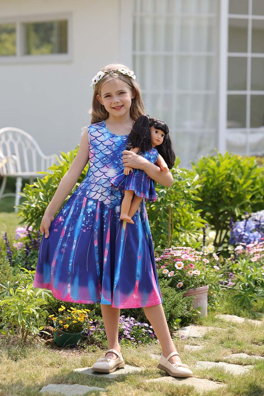 Bow Dream Girl Dress and Matching American Girl Doll Clothes Accessories Rainbow Mermaid Unicorn Size 130