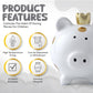 Sobeit Crown Small Porcelain Piggy Bank, Easy Access Money Saving Bank For Kids, White/4.64'L X 5.51'W X 5.19'H