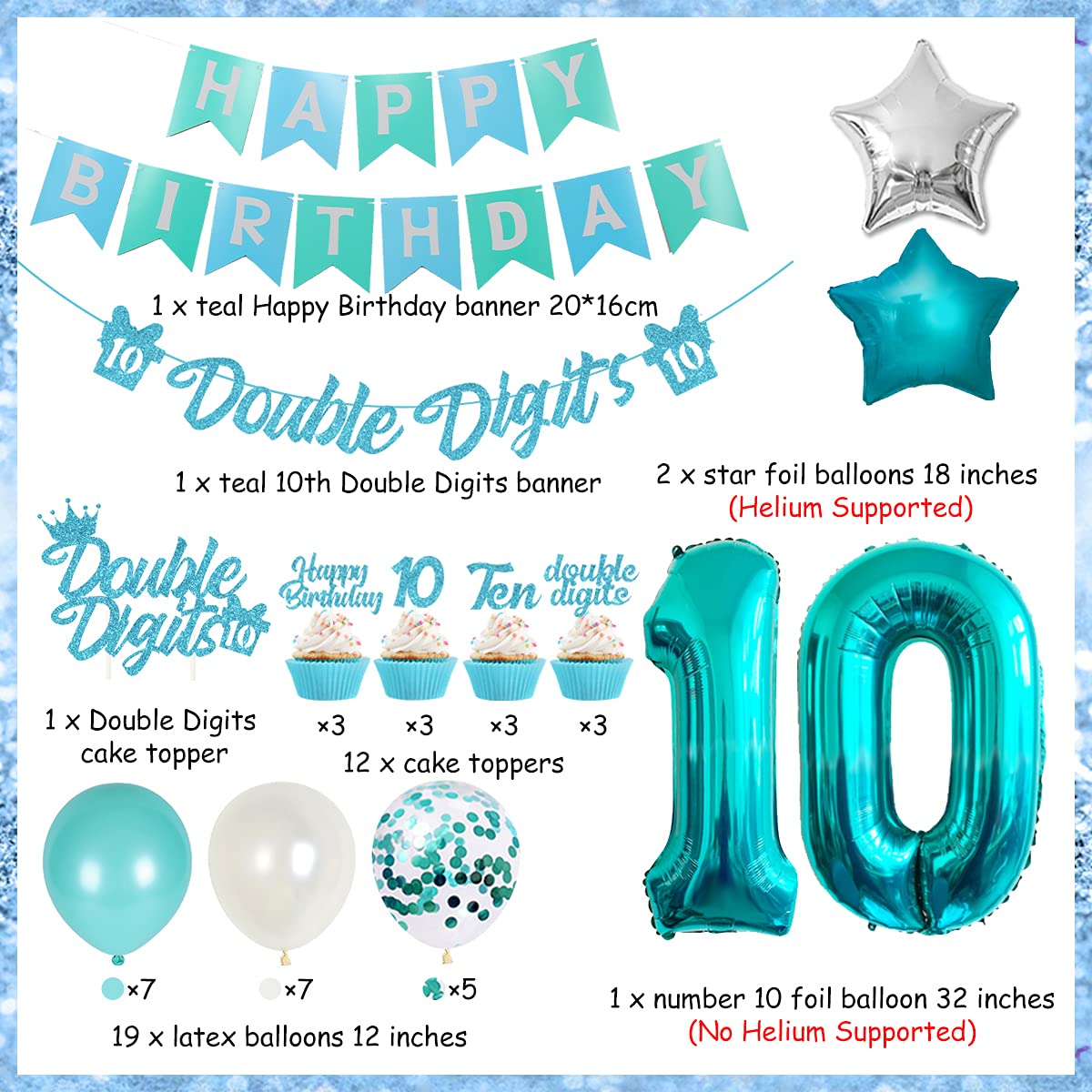 10Th Birthday Decorations For Girls Teal, Double Digits Party Supplies Turquoise Banner Cake & Cupcake Toppers Number 10 Helium